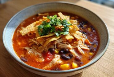 A close-up of a bowl of vibrant Instant Pot Chicken Tortilla Soup, topped with shredded chicken, black beans, corn, tortilla strips, and cilantro.