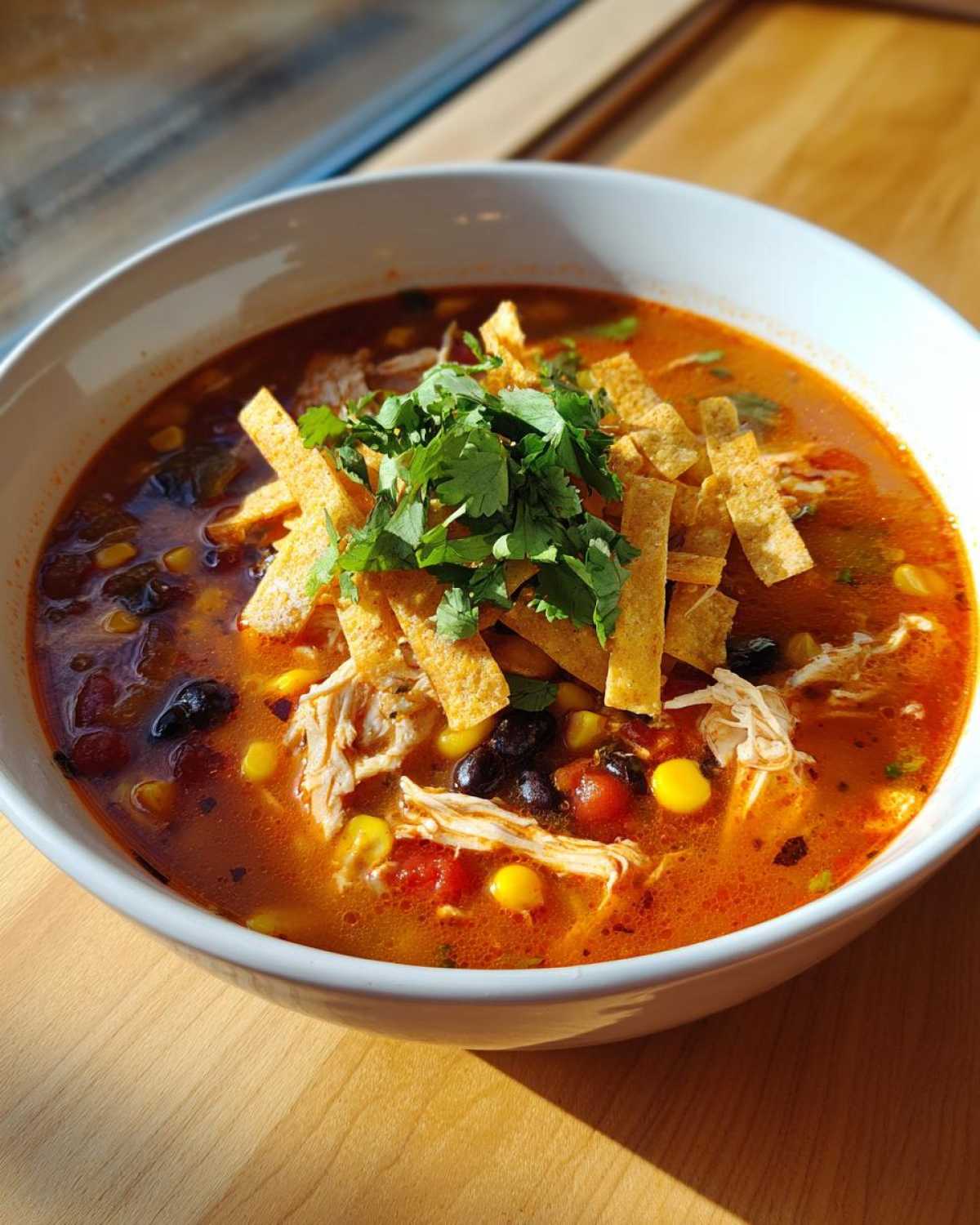 A close-up of a white bowl filled with vibrant Instant Pot Chicken Tortilla Soup, topped with tortilla strips and fresh cilantro.