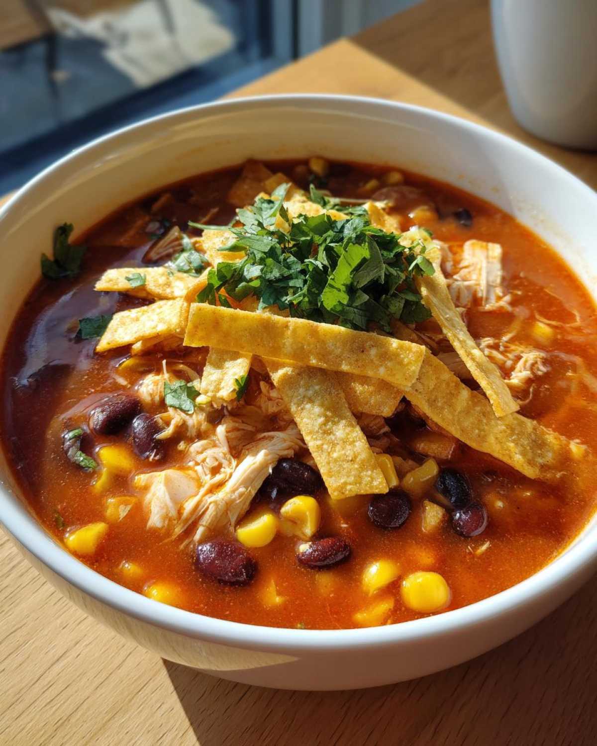 Close-up of Instant Pot Chicken Tortilla Soup topped with tortilla strips, corn, black beans, and fresh cilantro.