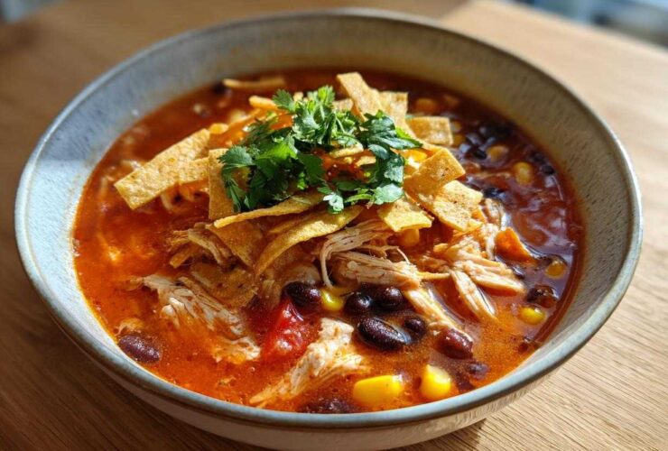 A close-up of a bowl of vibrant Instant Pot Chicken Tortilla Soup, topped with shredded chicken, black beans, corn, tortilla strips, and cilantro.