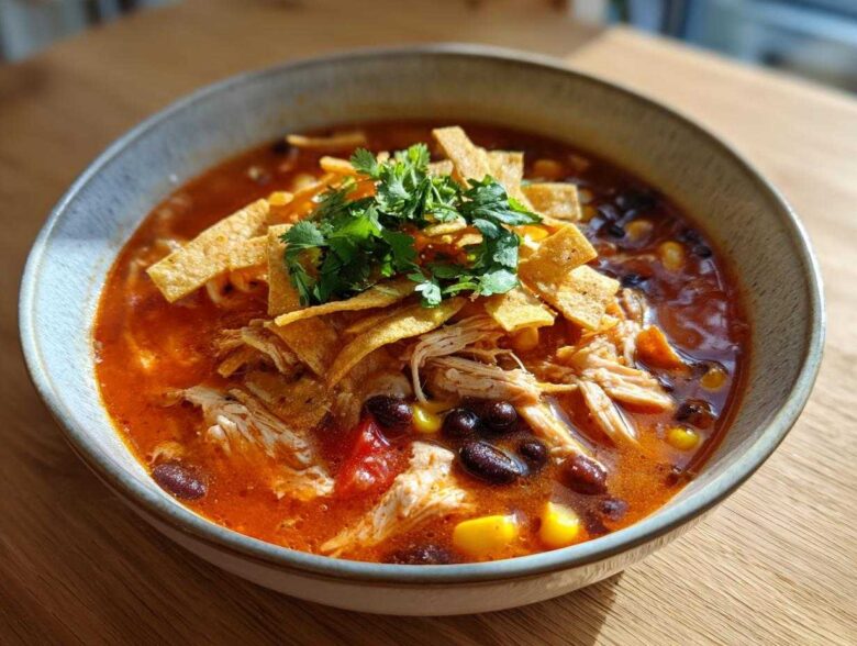 A close-up of a bowl of vibrant Instant Pot Chicken Tortilla Soup, topped with shredded chicken, black beans, corn, tortilla strips, and cilantro.
