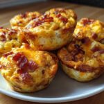 A plate holding several golden-brown Keto Bacon and Egg Muffins topped with melted cheese and crispy bacon pieces.