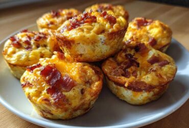 A plate holding several golden-brown Keto Bacon and Egg Muffins topped with melted cheese and crispy bacon pieces.
