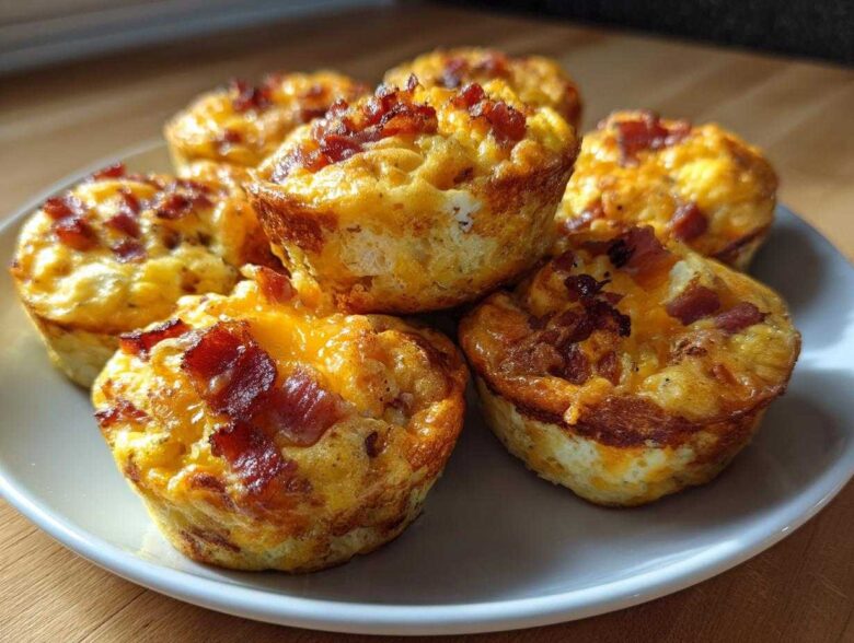 A plate holding several golden-brown Keto Bacon and Egg Muffins topped with melted cheese and crispy bacon pieces.