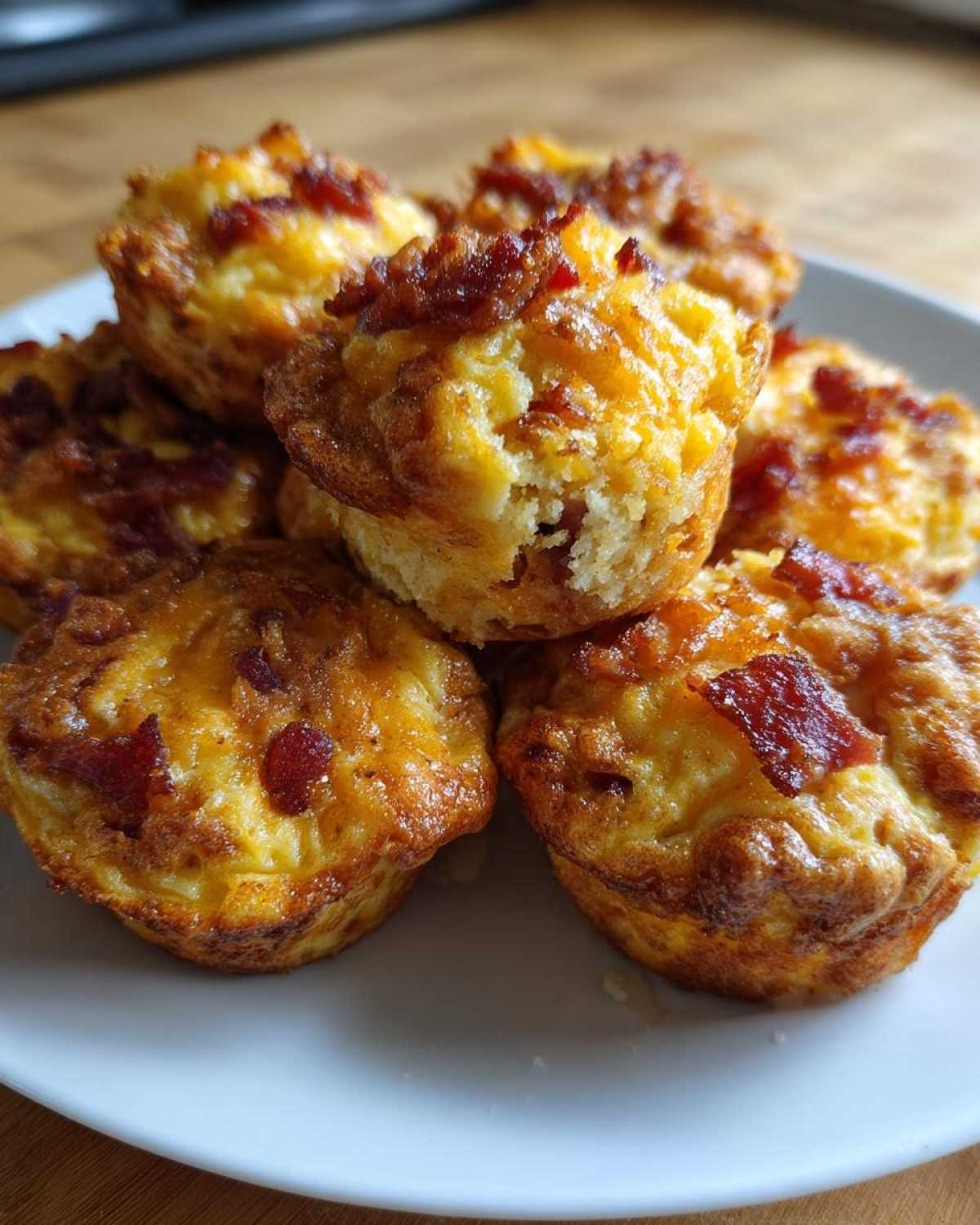 A close-up of several golden-brown Keto Bacon and Egg Muffins stacked on a white plate.