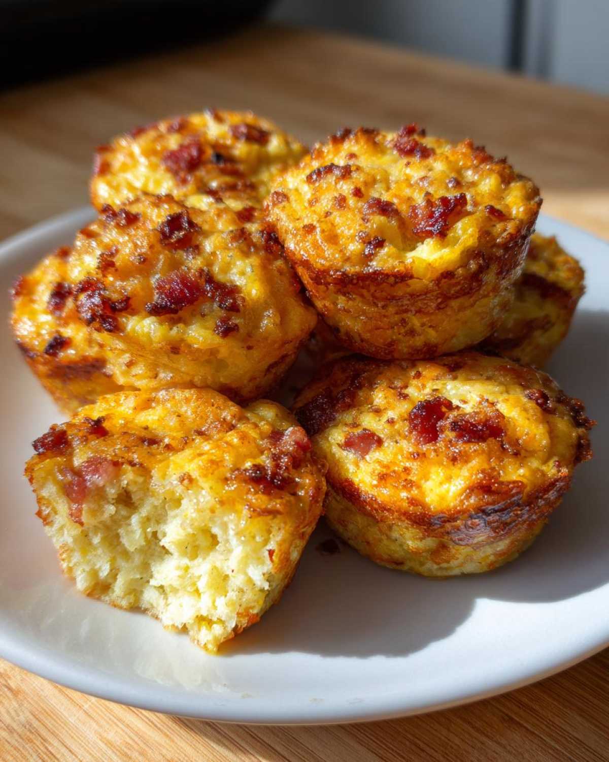 A stack of golden brown Keto Bacon and Egg Muffins on a white plate, one muffin has a bite taken out.