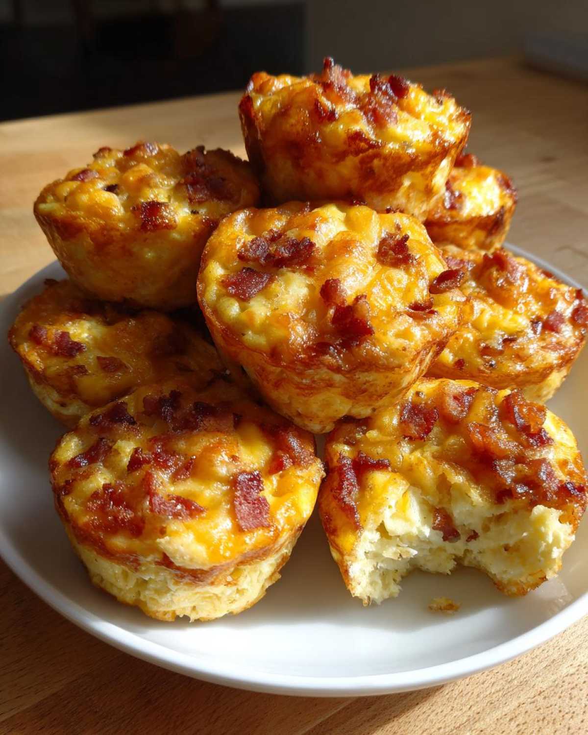 A stack of golden brown Keto Bacon and Egg Muffins topped with crispy bacon bits on a white plate.