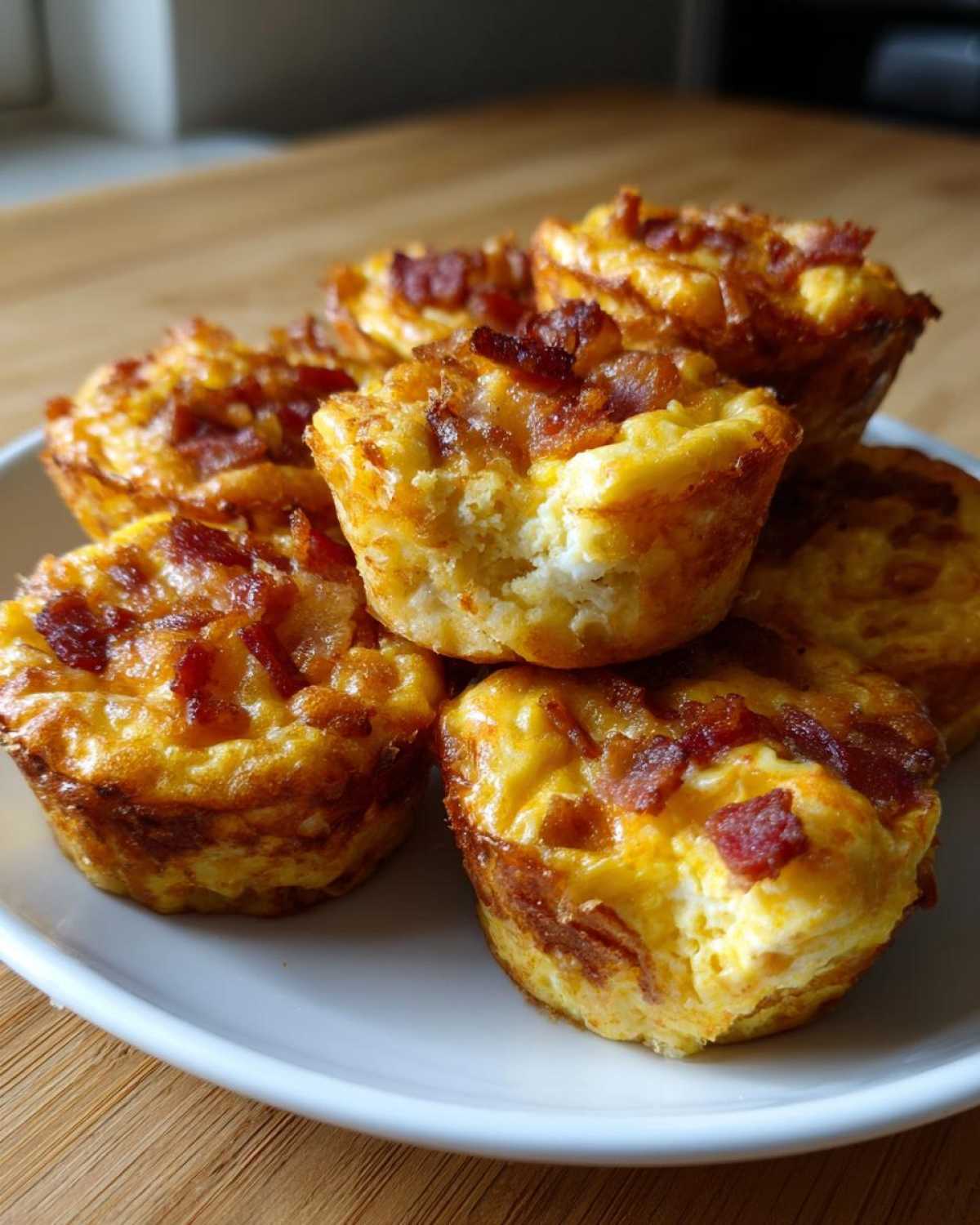 A stack of golden brown Keto Bacon and Egg Muffins topped with crispy bacon bits on a white plate.