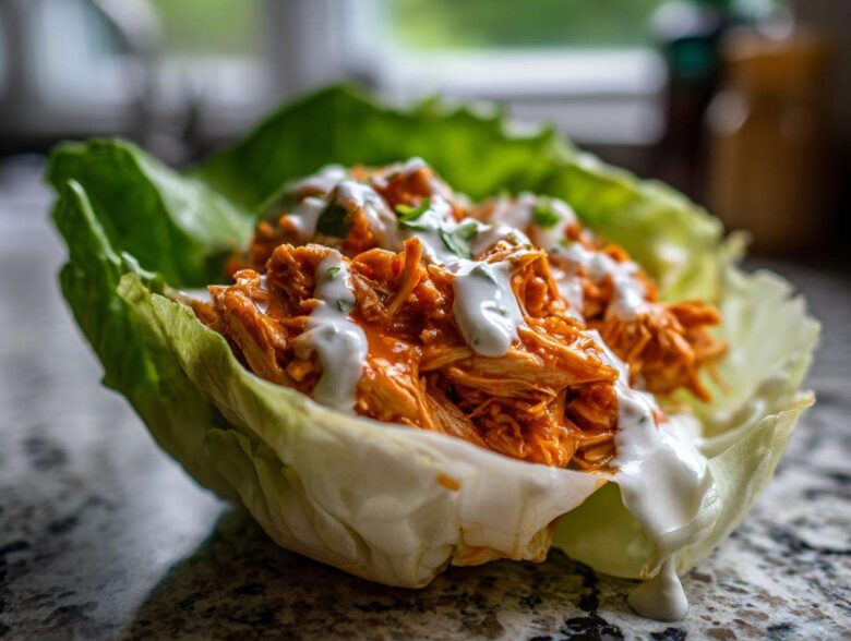 A single serving of Keto Buffalo Chicken Lettuce Wraps featuring shredded orange buffalo chicken topped with white ranch dressing.