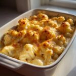 Close-up of bubbling, cheesy Keto Cauliflower Mac and Cheese baked in a white casserole dish.