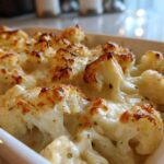 Close-up of baked Keto Cauliflower Mac and Cheese, showing cheesy, browned cauliflower florets in a white dish.
