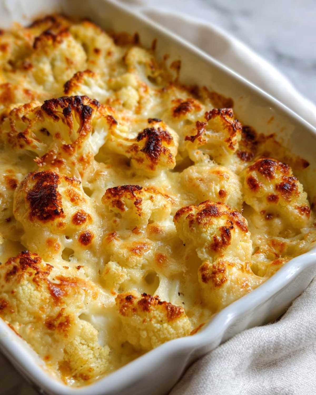 Close-up of baked Keto Cauliflower Mac and Cheese in a white dish with a bubbly, browned cheese topping.
