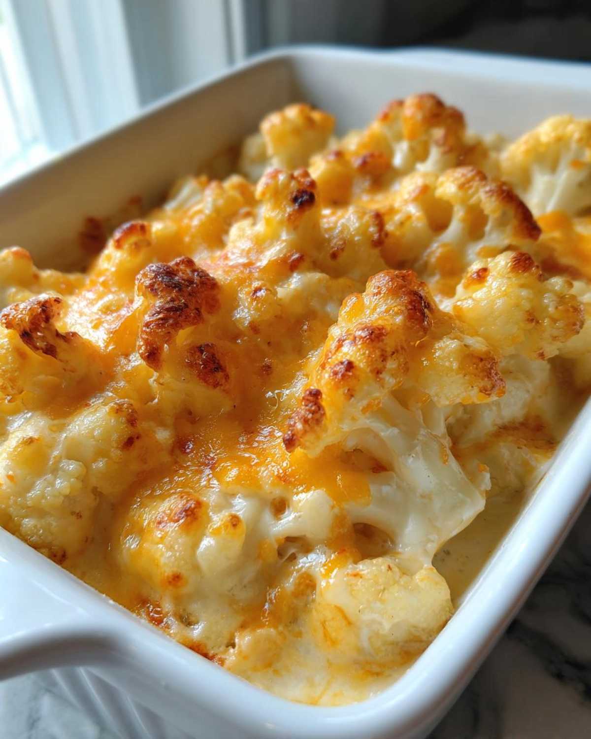 Close-up of baked Keto Cauliflower Mac and Cheese in a white dish, featuring bubbly, browned cheddar cheese topping.
