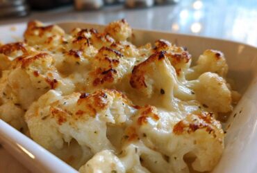 Close-up of baked Keto Cauliflower Mac and Cheese, showing cheesy, browned cauliflower florets in a white dish.