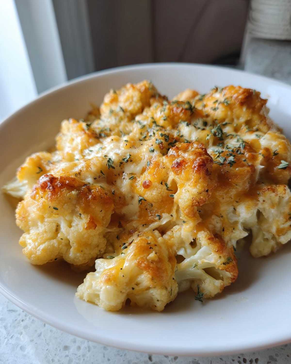 Close-up of baked Keto Cauliflower Mac and Cheese topped with melted, browned cheese and herbs.