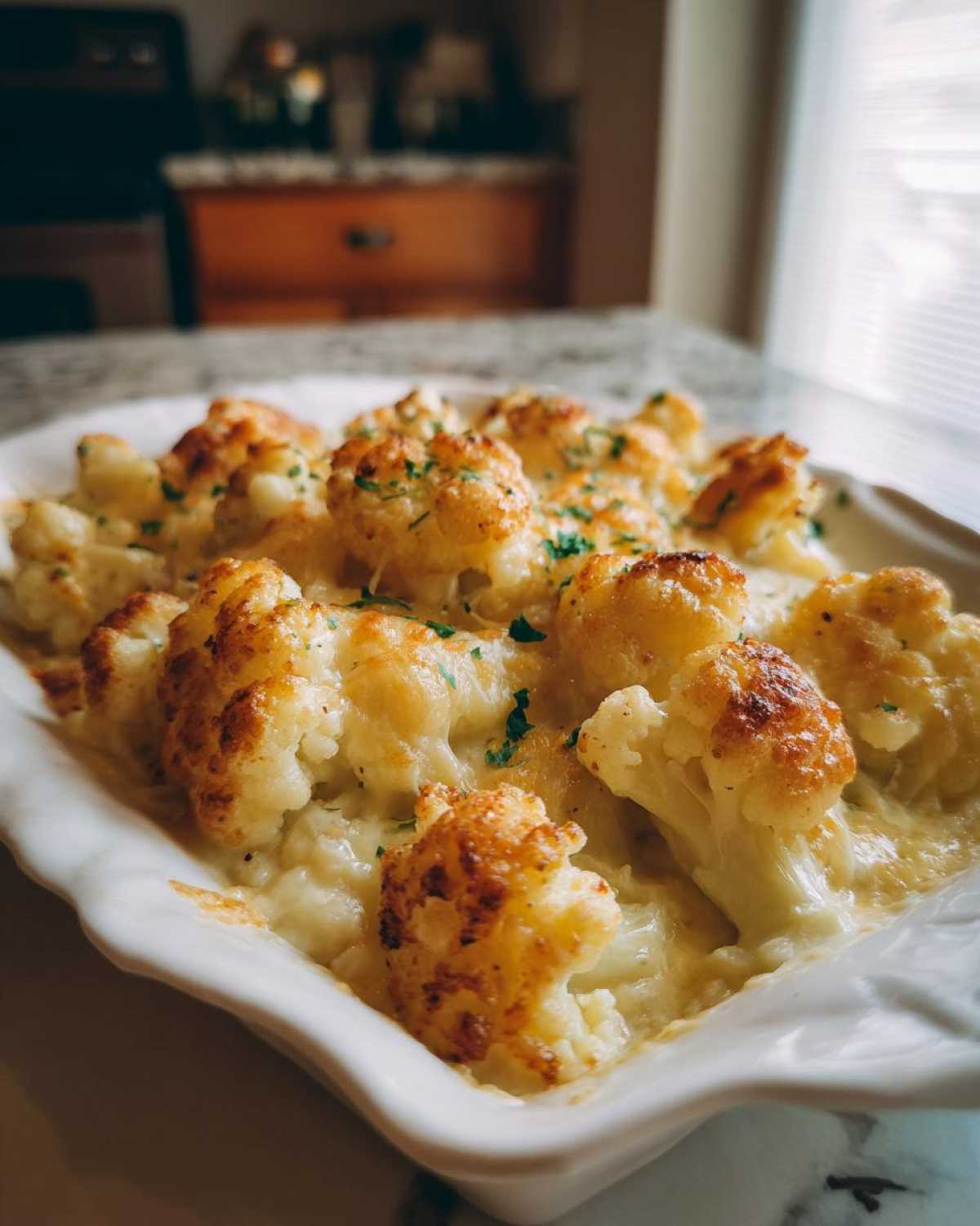Close-up of baked Keto Cauliflower Mac and Cheese florets with browned cheese topping in a white serving dish.