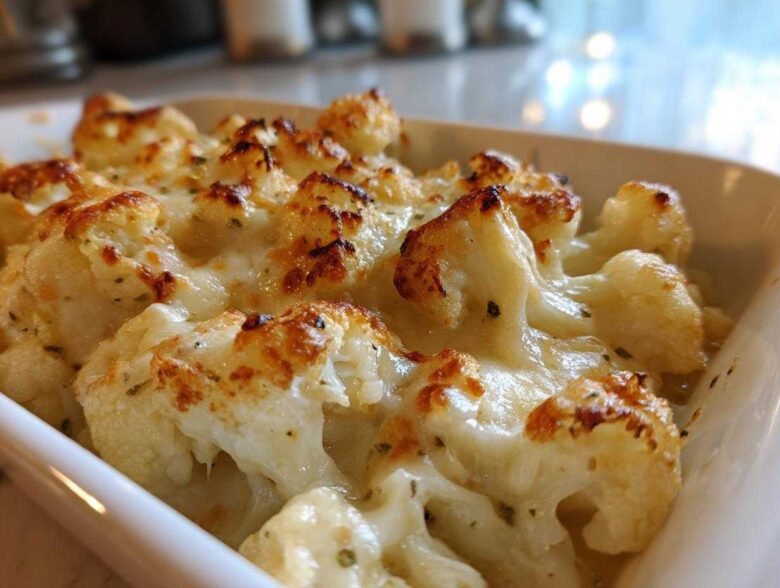Close-up of baked Keto Cauliflower Mac and Cheese, showing cheesy, browned cauliflower florets in a white dish.