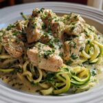 Close-up of Keto Chicken Alfredo featuring chunks of chicken and zucchini noodles tossed in a creamy sauce and topped with parsley.