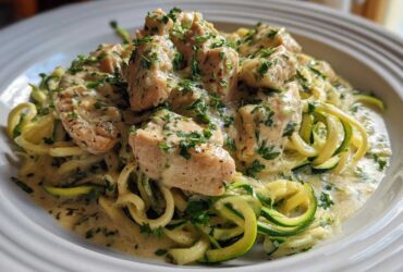 Close-up of Keto Chicken Alfredo featuring chunks of chicken and zucchini noodles tossed in a creamy sauce and topped with parsley.