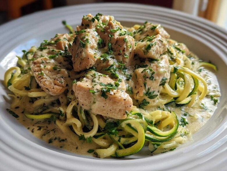Close-up of Keto Chicken Alfredo featuring chunks of chicken and zucchini noodles tossed in a creamy sauce and topped with parsley.