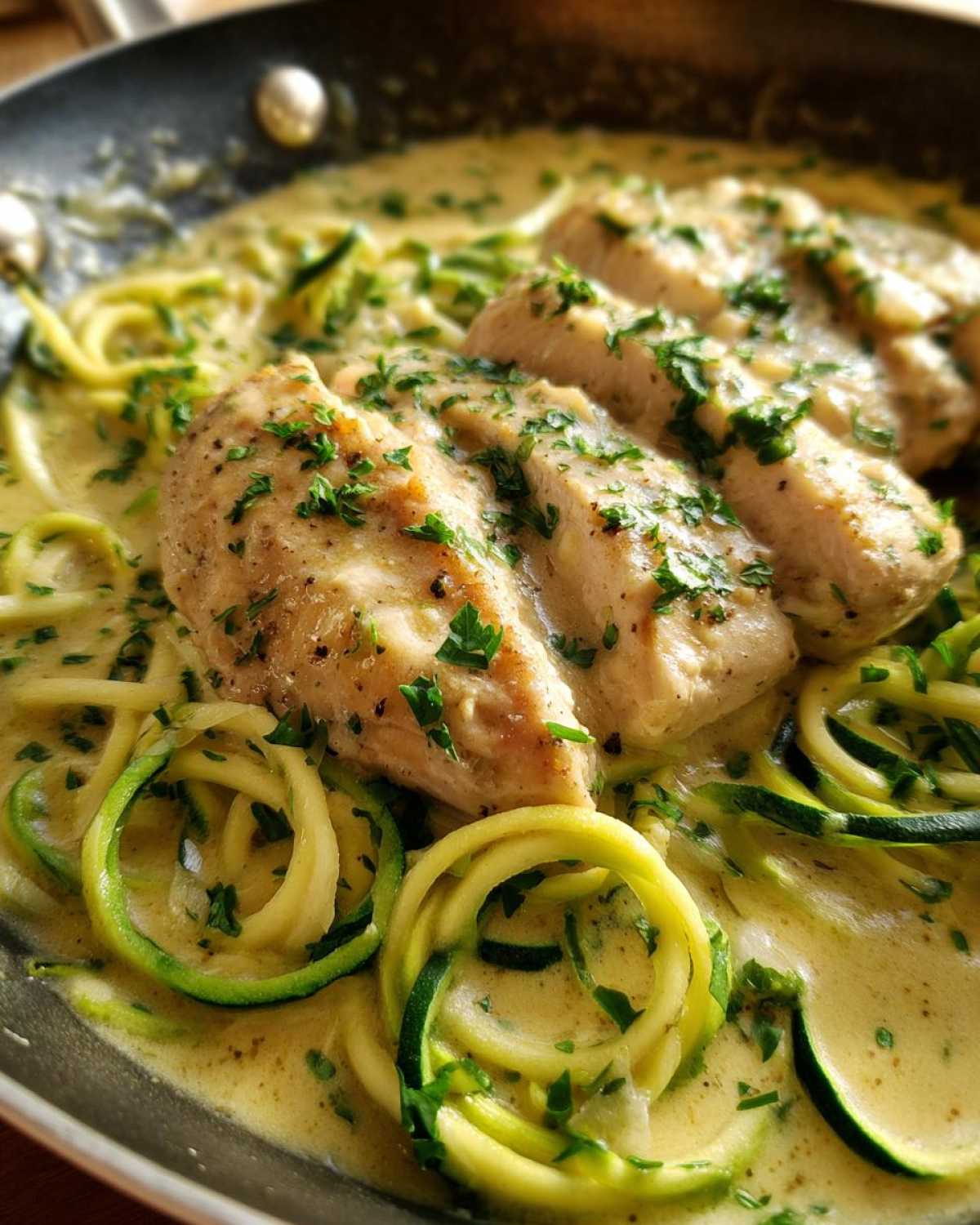Close-up of seared chicken breasts served over zucchini noodles in a creamy sauce for Keto Chicken Alfredo.