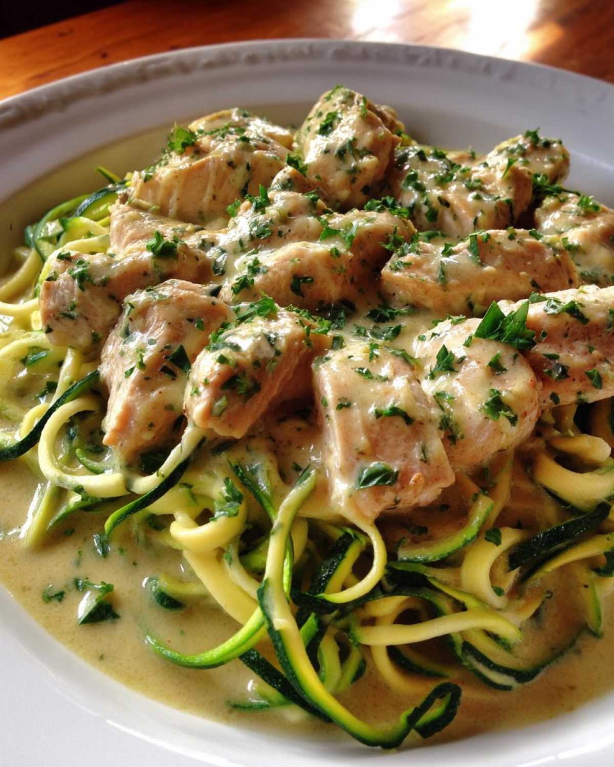 Close-up of Keto Chicken Alfredo featuring chunks of chicken in creamy sauce over zucchini noodles (zoodles).