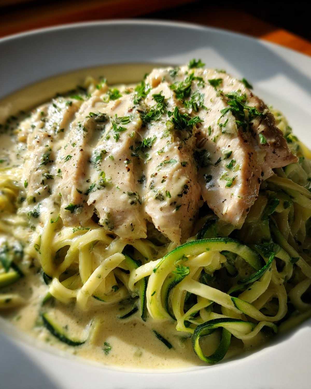 Close-up of Keto Chicken Alfredo featuring sliced chicken breast over zucchini noodles tossed in creamy sauce.