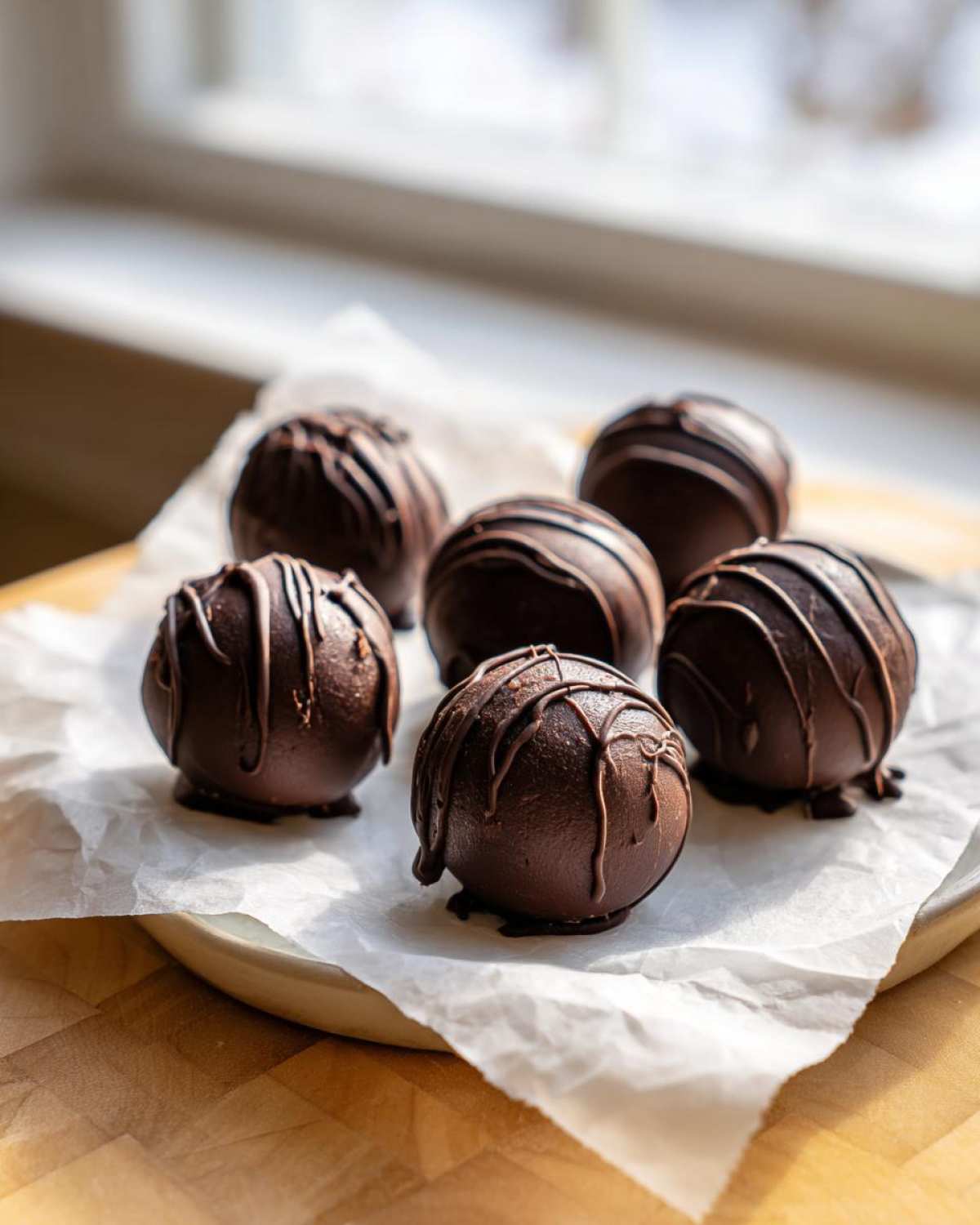 Six rich, dark chocolate-covered Keto Chocolate Peanut Butter Fat Bombs drizzled with extra chocolate.