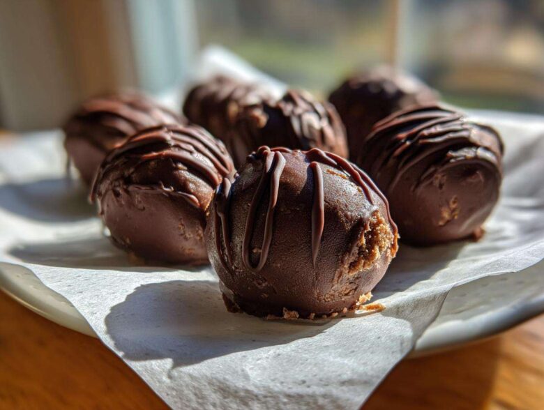 Close-up of several rich, chocolate-coated Keto Chocolate Peanut Butter Fat Bombs drizzled with extra chocolate.