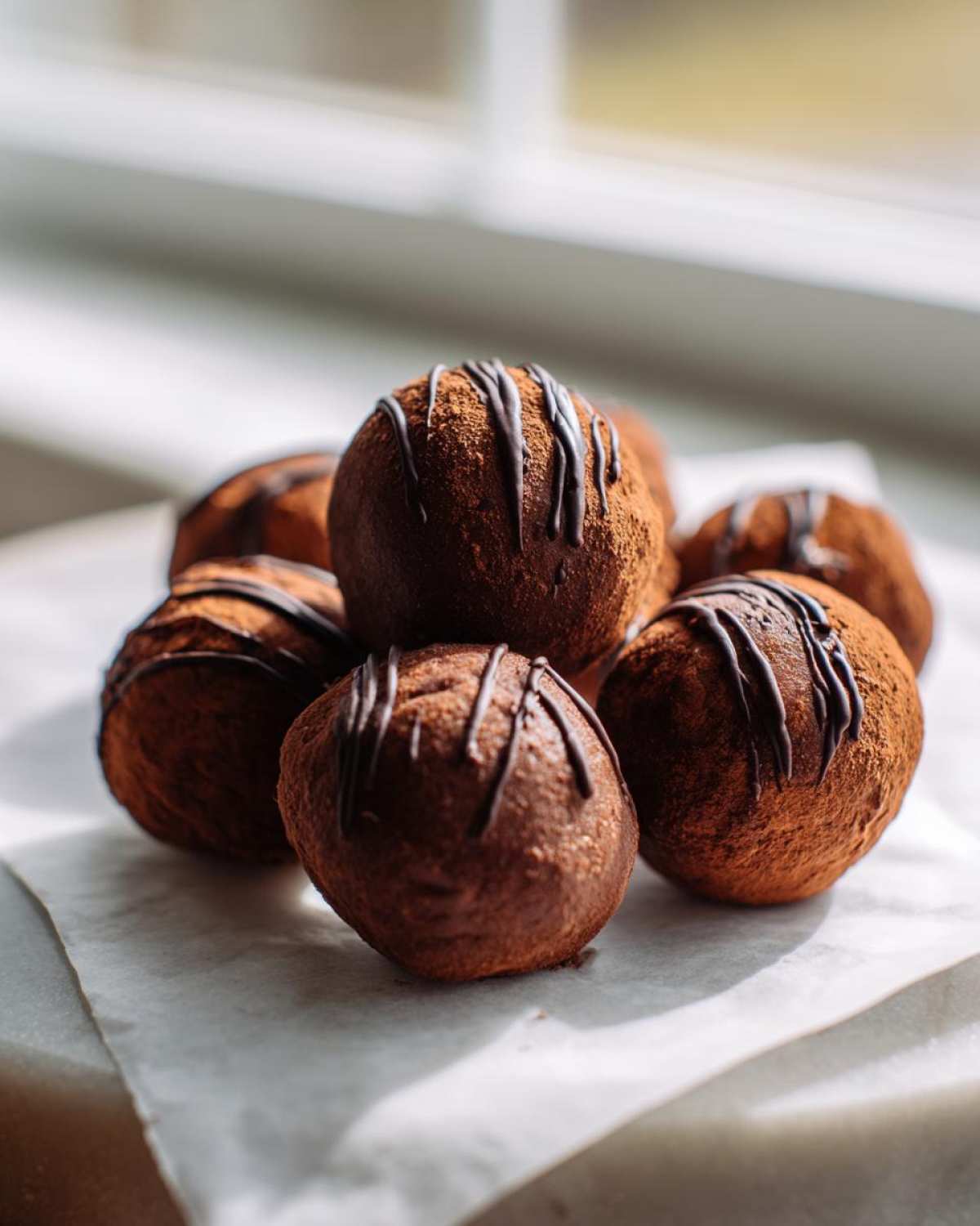 A stack of rich, cocoa-dusted Keto Chocolate Peanut Butter Fat Bombs drizzled with dark chocolate.