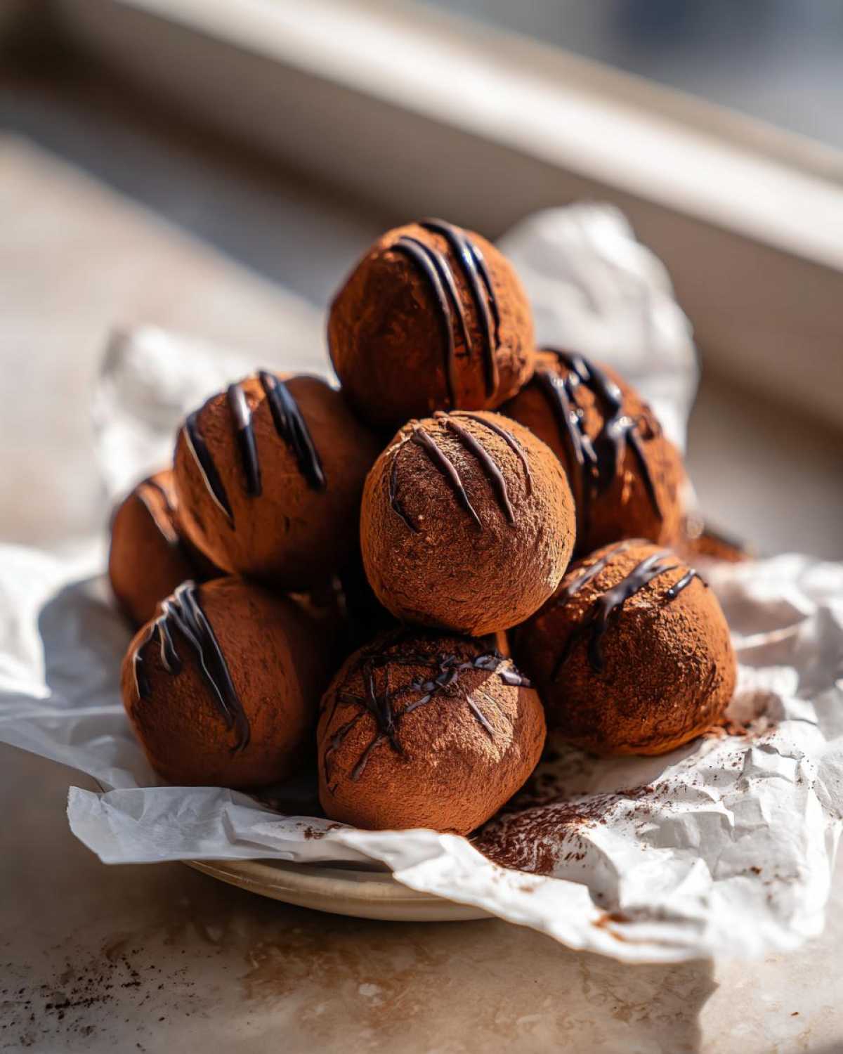 A stack of rich, cocoa-dusted Keto Chocolate Peanut Butter Fat Bombs drizzled with dark chocolate.