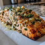 A perfectly cooked fillet of Keto Garlic Butter Salmon topped with melted butter, garlic, and fresh parsley.
