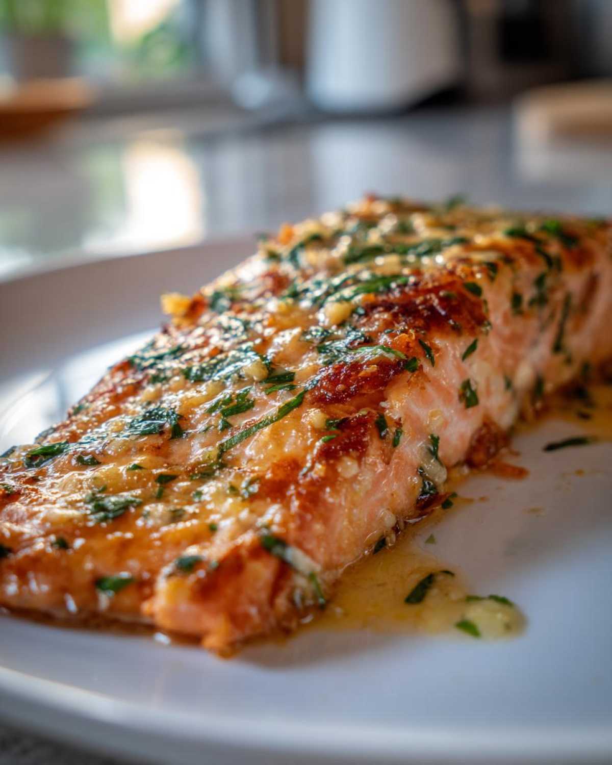 A close-up of a perfectly cooked Keto Garlic Butter Salmon fillet topped with melted butter, garlic, and fresh parsley.