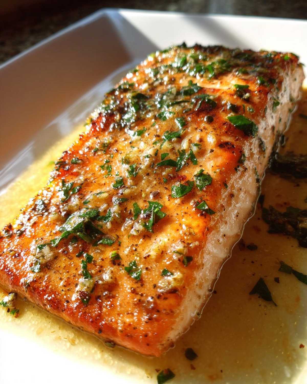 Close-up of a perfectly cooked Keto Garlic Butter Salmon fillet glistening in butter sauce with parsley.