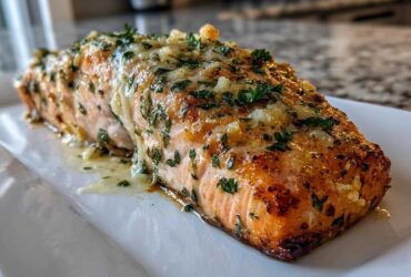A perfectly cooked fillet of Keto Garlic Butter Salmon topped with melted butter, garlic, and fresh parsley.