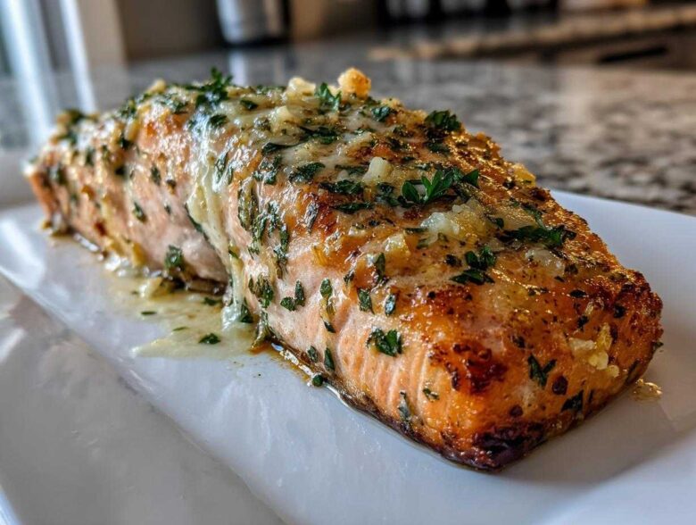 A perfectly cooked fillet of Keto Garlic Butter Salmon topped with melted butter, garlic, and fresh parsley.