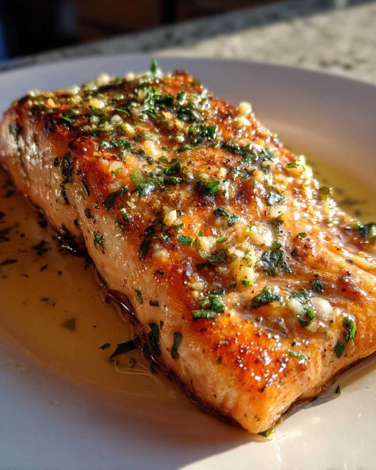 Close-up of a perfectly seared Keto Garlic Butter Salmon fillet topped with minced garlic and fresh parsley.