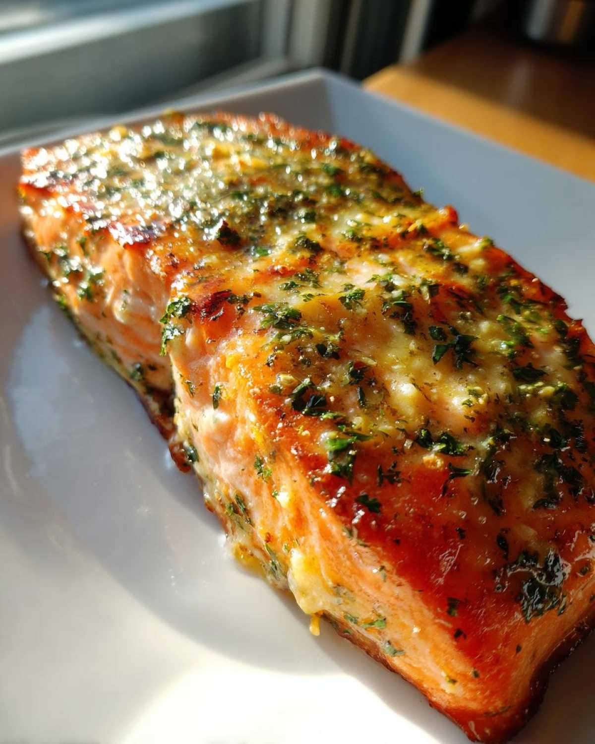 Close-up of a perfectly cooked fillet of Keto Garlic Butter Salmon topped with melted butter and fresh parsley.
