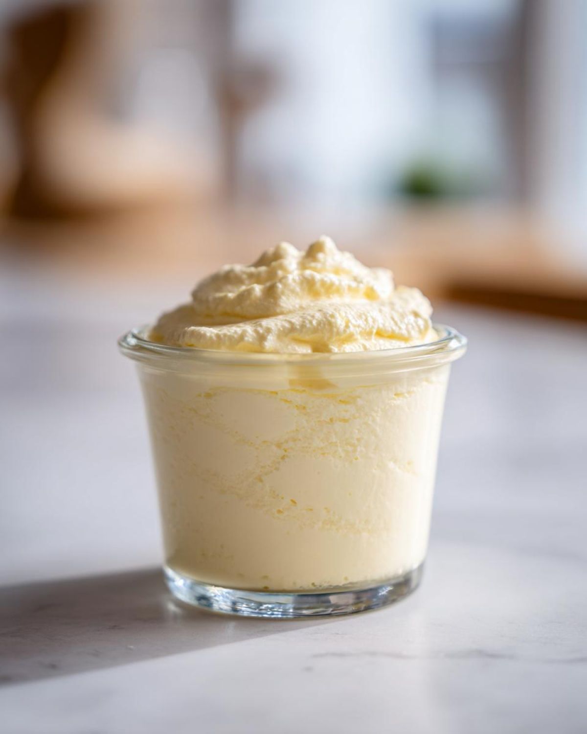 A single serving of light yellow Keto Lemon Cheesecake Mousse topped with a swirl of whipped cream in a small glass.