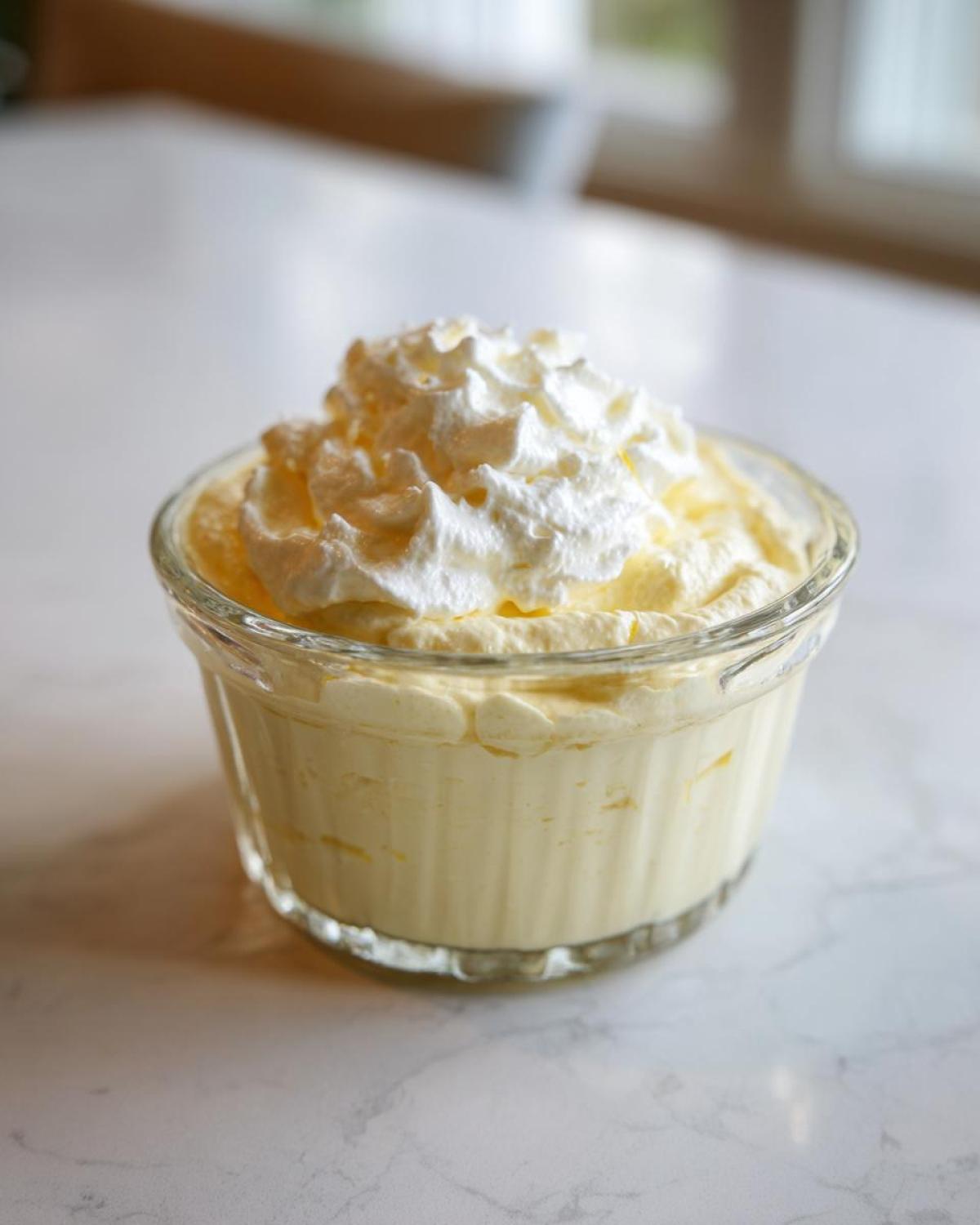 A single serving of light yellow Keto Lemon Cheesecake Mousse topped with whipped cream in a small glass dish.