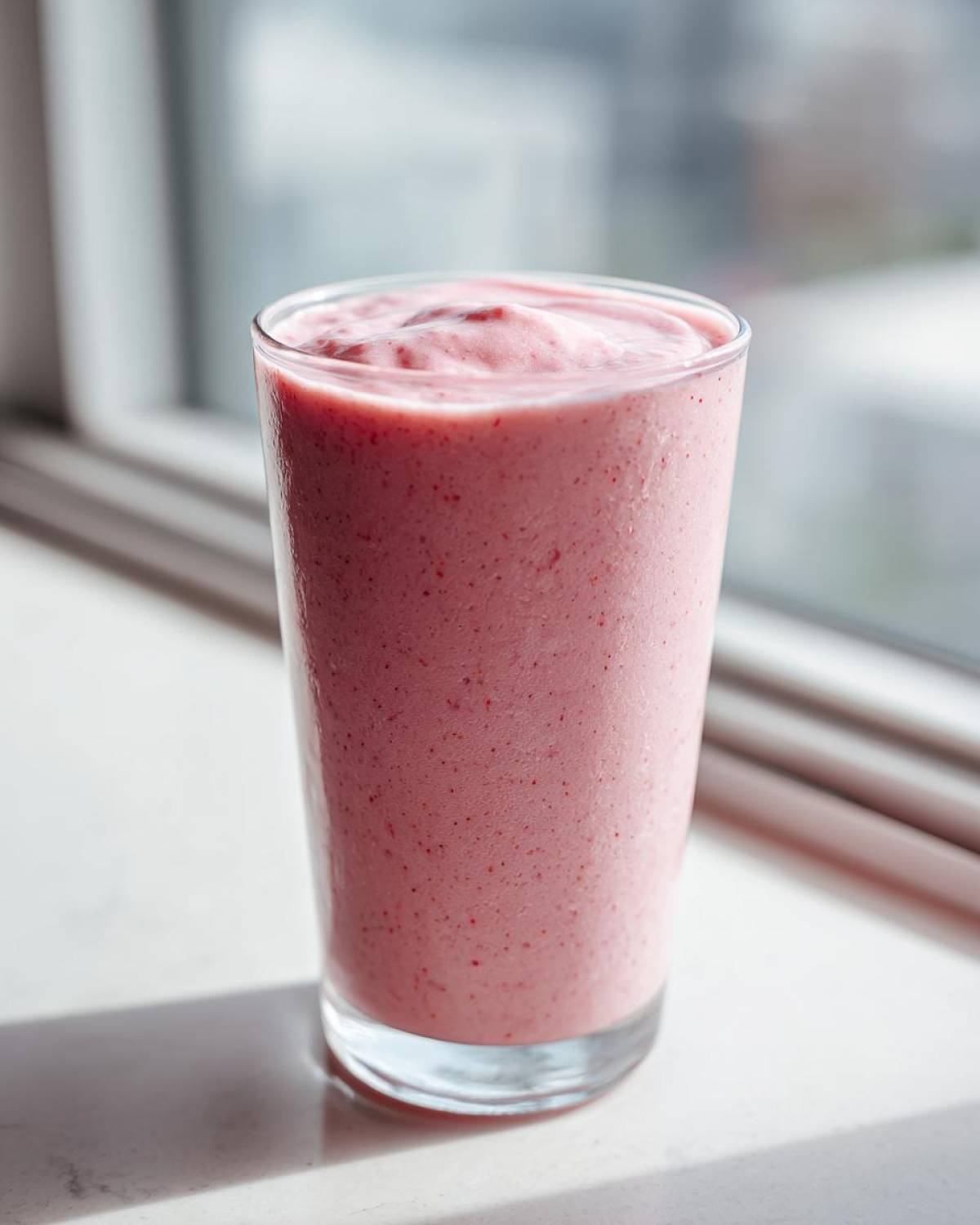 A tall glass filled with a thick, pink Keto Strawberry Cheesecake Smoothie sitting on a bright windowsill.