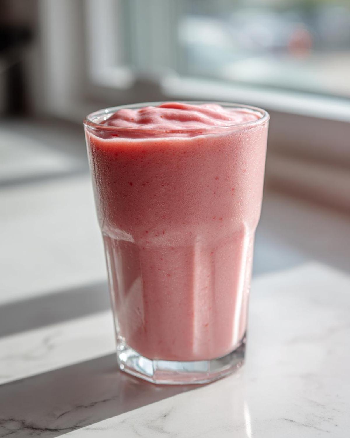 A tall glass filled with a thick, pink Keto Strawberry Cheesecake Smoothie sitting on a white marble surface.