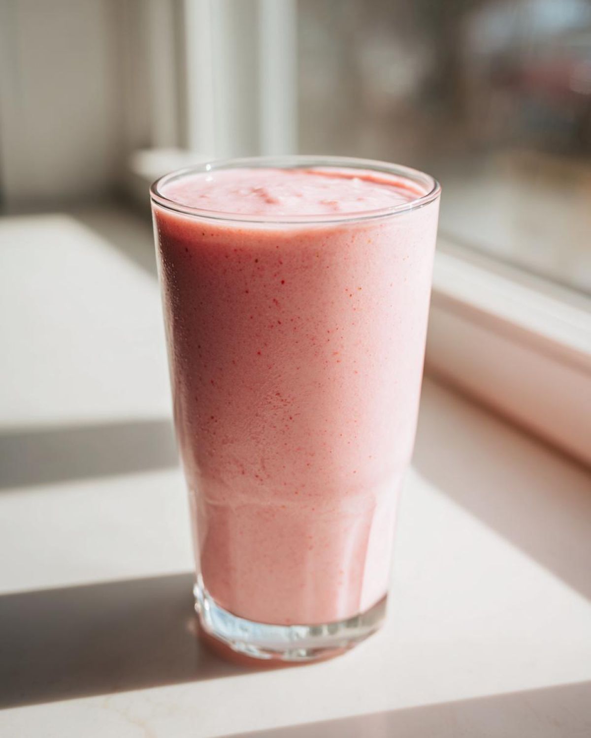 A tall glass filled with a thick, pink Keto Strawberry Cheesecake Smoothie sitting on a bright windowsill.