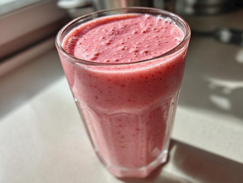 Close-up of a tall glass filled with a thick, pink Keto Strawberry Cheesecake Smoothie, catching bright sunlight.
