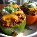 Close-up of two Keto Taco Stuffed Peppers, one green and one orange, topped with melted cheese, sour cream, and cilantro.