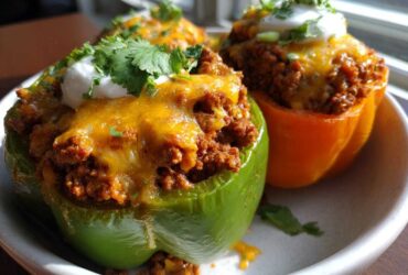 Close-up of two Keto Taco Stuffed Peppers, one green and one orange, topped with melted cheese, sour cream, and cilantro.