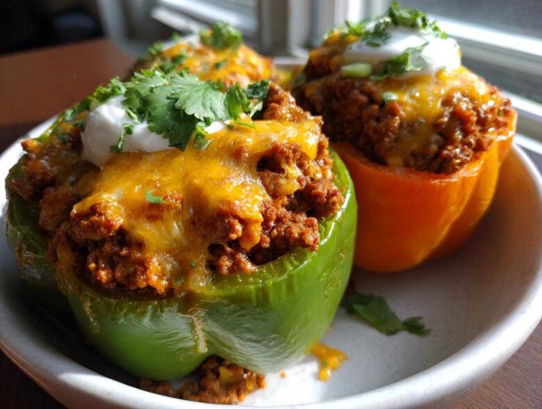 Close-up of two Keto Taco Stuffed Peppers, one green and one orange, topped with melted cheese, sour cream, and cilantro.
