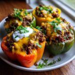 Four colorful Keto Taco Stuffed Peppers filled with seasoned ground beef, melted cheese, and fresh cilantro.