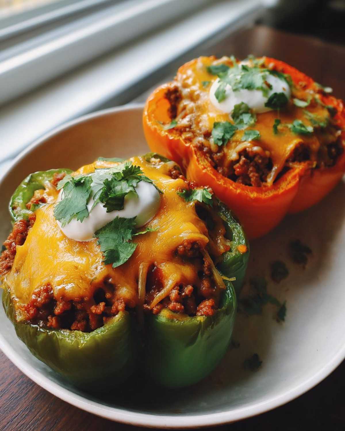 Two halves of Keto Taco Stuffed Peppers, one green and one orange, topped with melted cheese, sour cream, and cilantro.