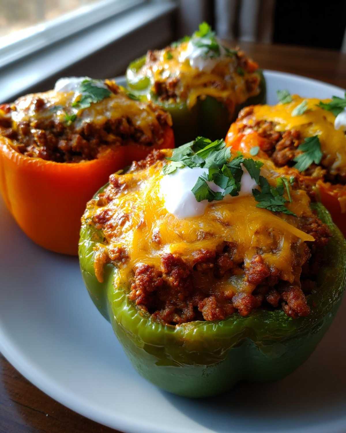 Four colorful Keto Taco Stuffed Peppers filled with seasoned ground meat, melted cheese, sour cream, and cilantro.